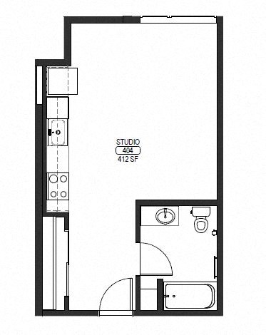 Floor plan for studio, 1 bath, 412 sqft